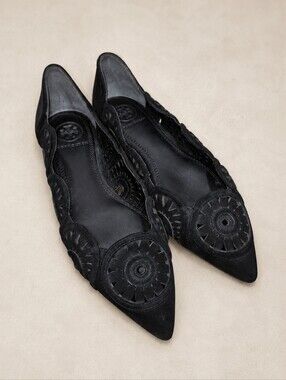 Tory Burch Black Suede Laser Cut Pointed Toe Leather Flats Women's Size 5M